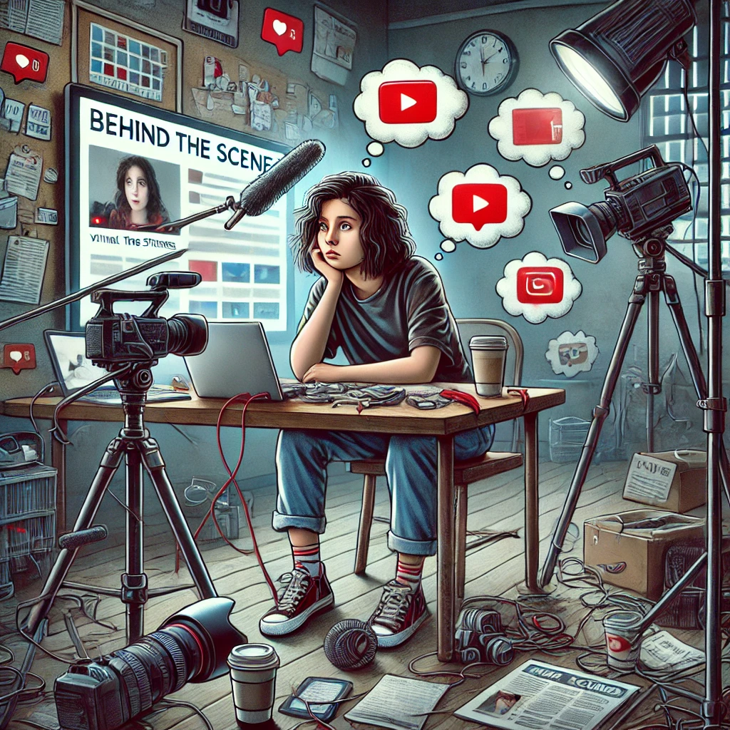 DALL·E-2025-01-23-20.22.45-A-detailed-illustration-capturing-the-concept-of-Behind-the-Scenes_-The-Challenges-of-Being-a-Viral-Star.-The-image-portrays-a-young-content-creator Janesays Bencarey YouTube: The Hidden Viral Story