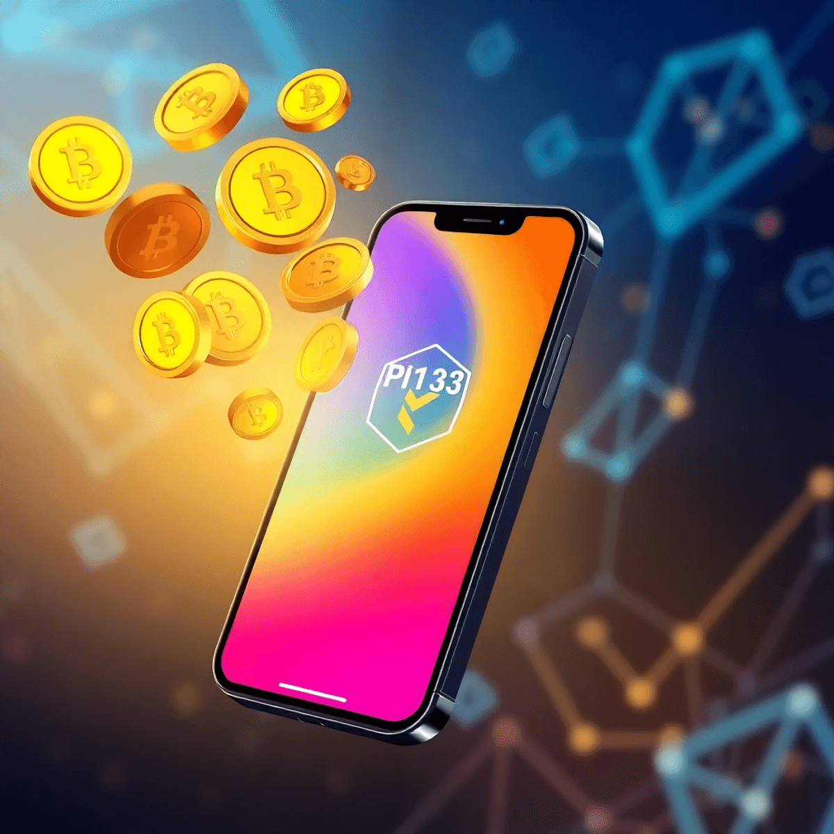 A smartphone shows the Pi123 app with digital coins emerging, set against abstract blockchain graphics, symbolizing mobile cryptocurrency mining and innovation.