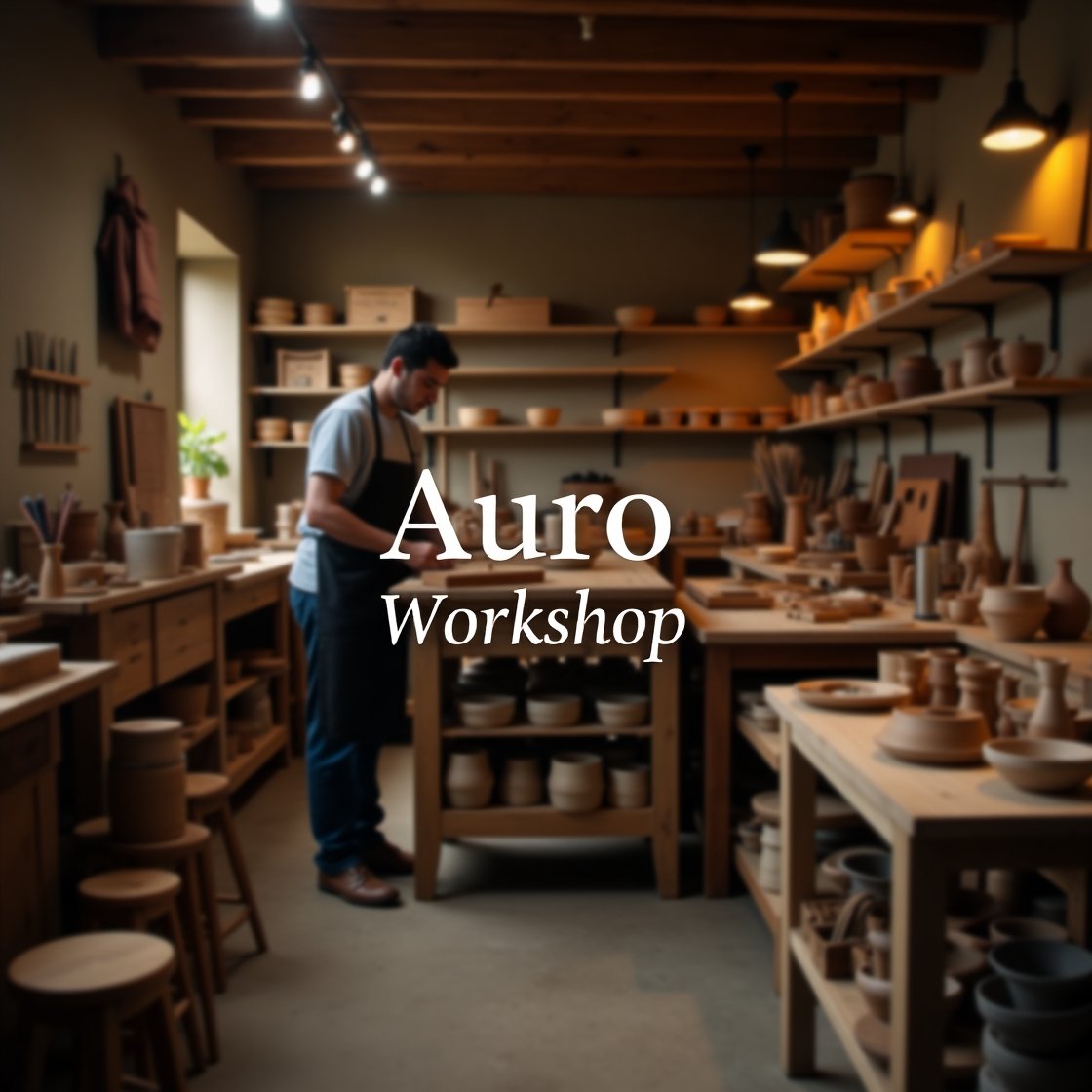 Artisan crafting in a warm, minimalist workshop filled with handmade wood and leather products, featuring natural lighting and elegant design elements; text overlay reads ‘Aurö Workshop