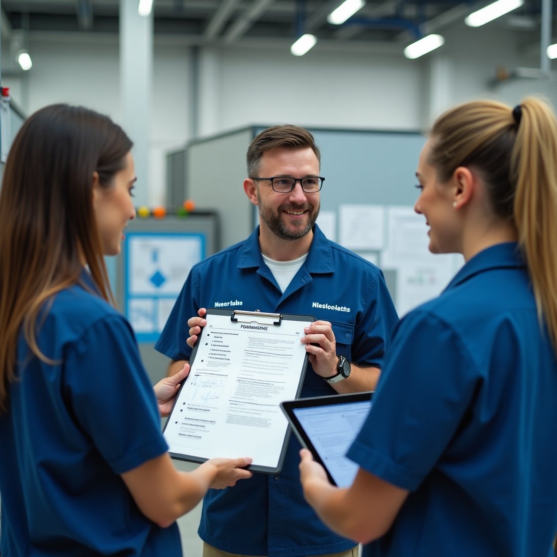 Three individuals in blue shirts are reviewing a clipboard together, discussing a Protocolo Operacional Padrão in a professional setting.