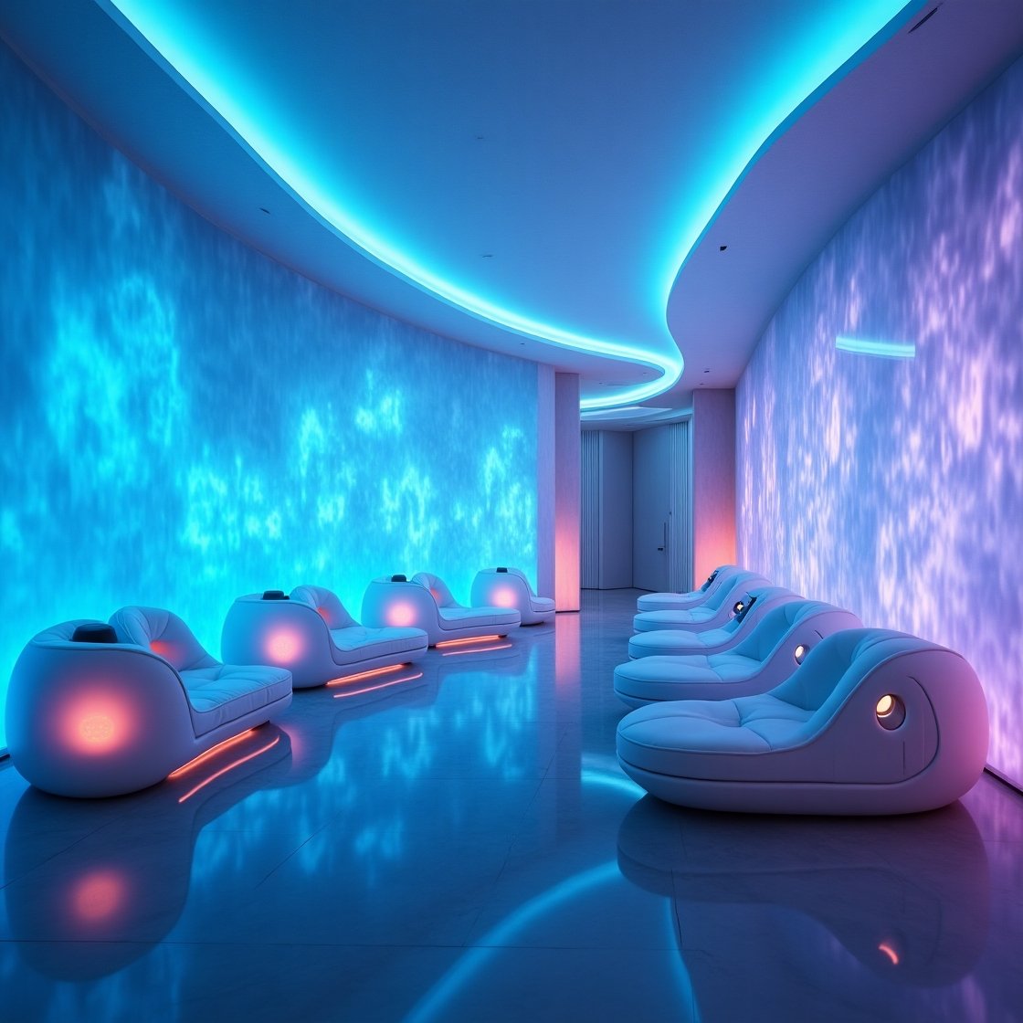 A Spaietacle room featuring white chairs illuminated by soft blue lights, creating a modern and inviting atmosphere.
